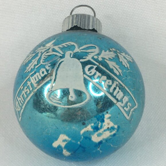 Vintage Shiny Brite Small Blue Glass Ball Stencil Christmas Greetings Ornament - Picture 8 of 9